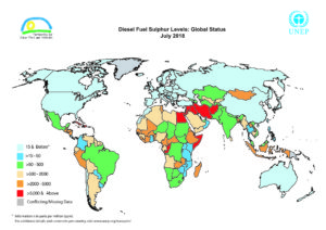 Weltkarte mit Ländern und klassifiziertem Diesel Schwefelgehalt 2018